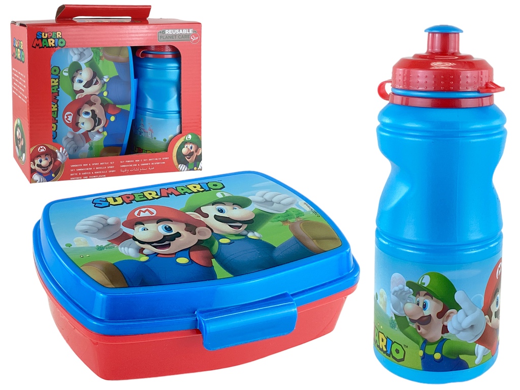SET 2 PZ DEPOSITO/ENV P/ALIMENTO + BOTELLA SUPER MARIO RJ/AZ NINTENDO  744-75273